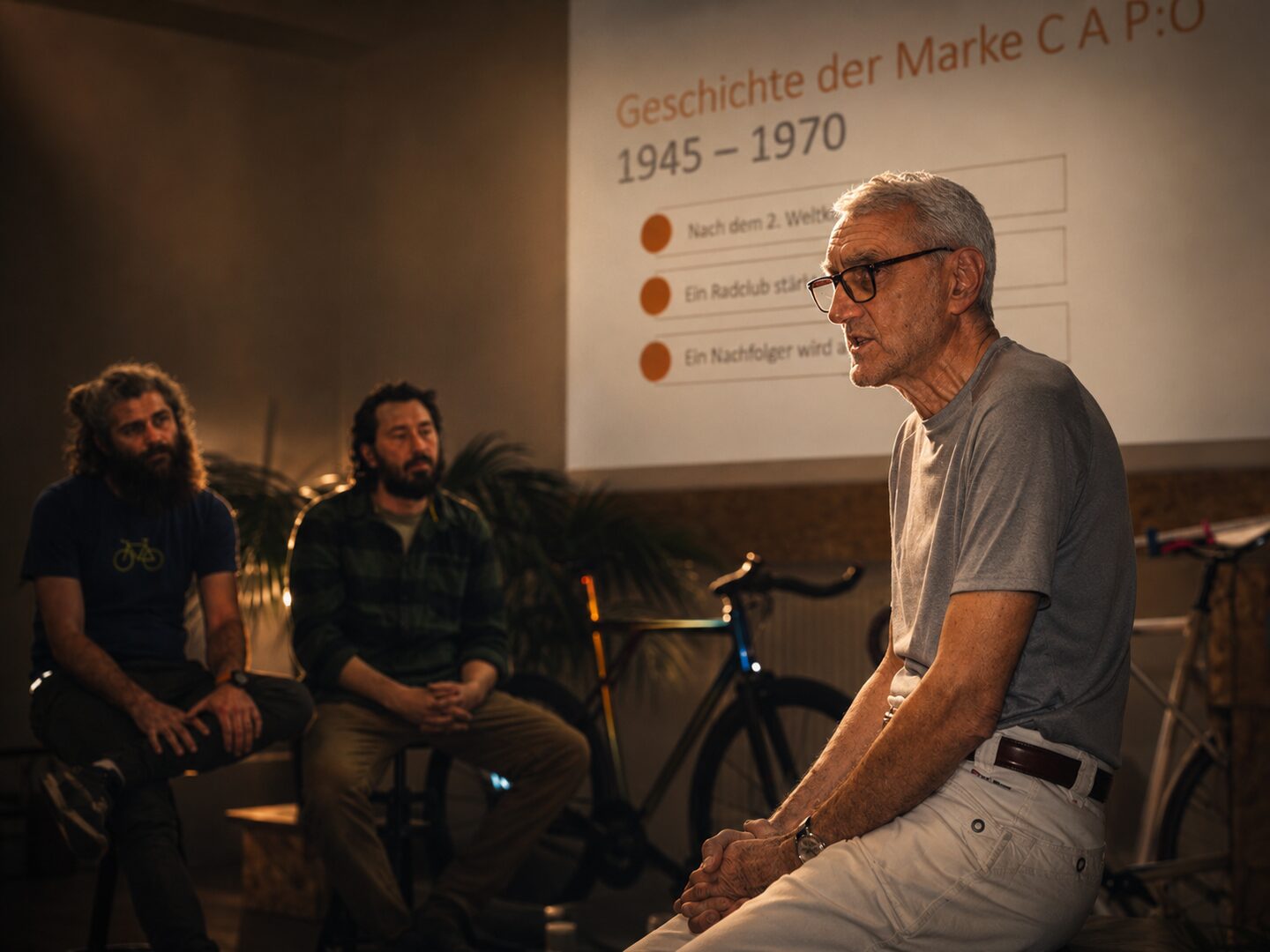 Harald Cap erzählt vor zwei Mitgliedern des Gründerteams aus der Geschichte der Marke CAPO